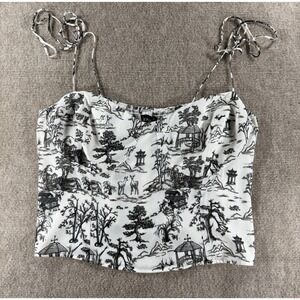 Kourt 2X Plus Toile‎ Scenic Print Ruched Crop Cami Top Black White Smocked Back